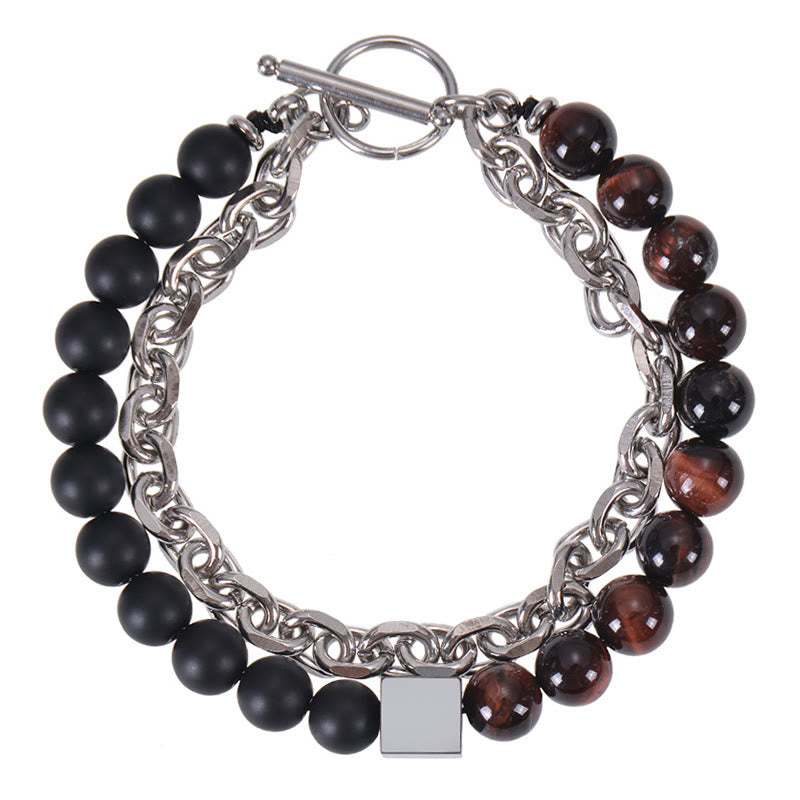 Fortune Jewel Colorful Tiger Eye Frosted Stone Black Magnetite Titanium Steel Double Wrap Protection Bracelet