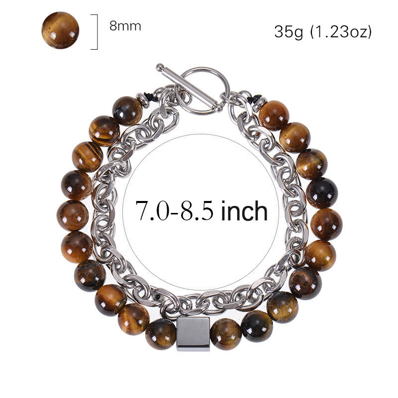 Fortune Jewel Colorful Tiger Eye Frosted Stone Black Magnetite Titanium Steel Double Wrap Protection Bracelet