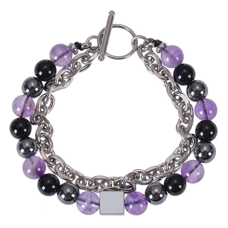 Fortune Jewel Colorful Tiger Eye Frosted Stone Black Magnetite Titanium Steel Double Wrap Protection Bracelet