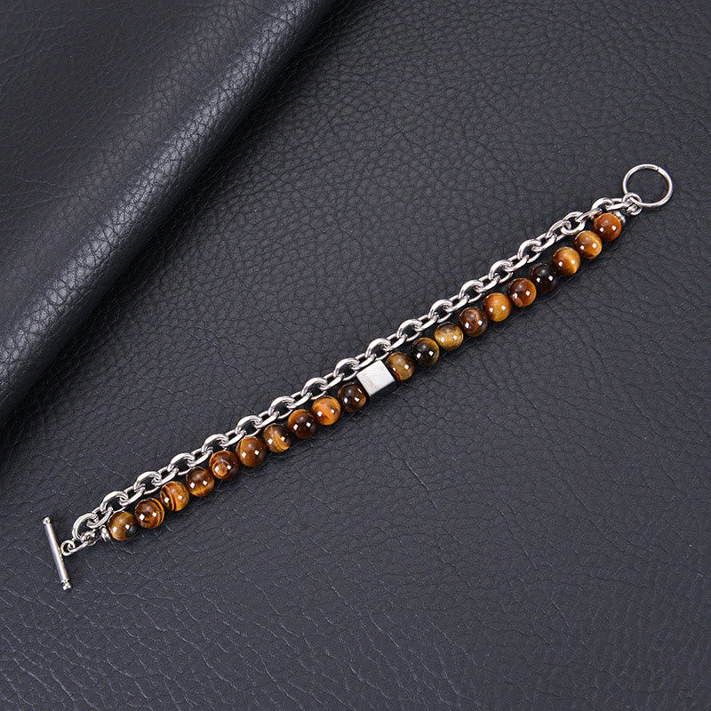 Fortune Jewel Colorful Tiger Eye Frosted Stone Black Magnetite Titanium Steel Double Wrap Protection Bracelet