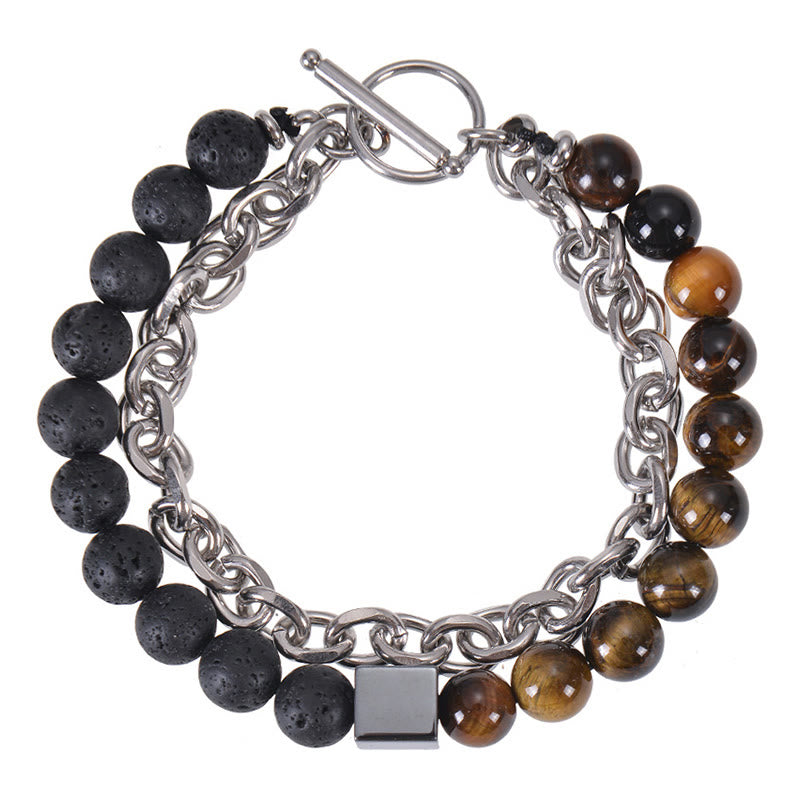 Fortune Jewel Colorful Tiger Eye Frosted Stone Black Magnetite Titanium Steel Double Wrap Protection Bracelet