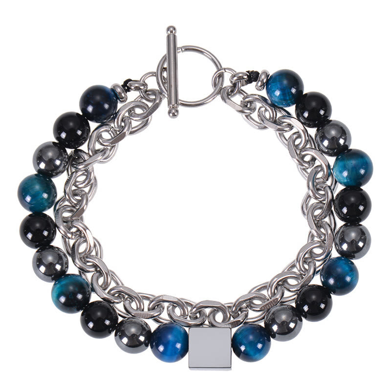Fortune Jewel Colorful Tiger Eye Frosted Stone Black Magnetite Titanium Steel Double Wrap Protection Bracelet