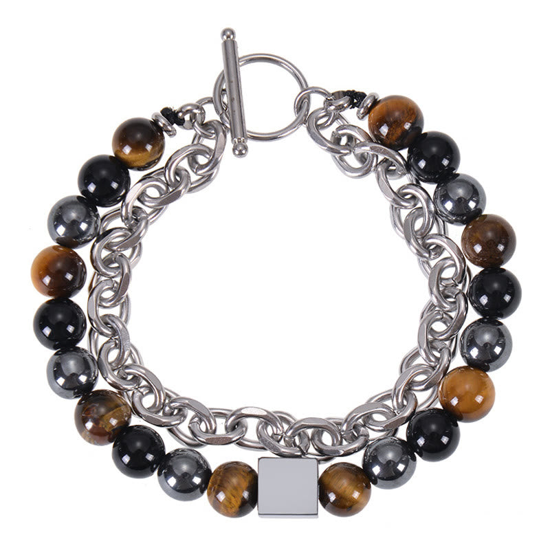 Fortune Jewel Colorful Tiger Eye Frosted Stone Black Magnetite Titanium Steel Double Wrap Protection Bracelet