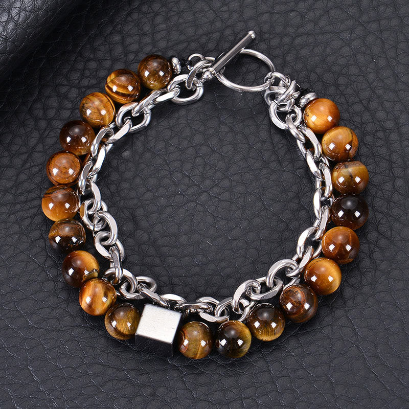 Fortune Jewel Colorful Tiger Eye Frosted Stone Black Magnetite Titanium Steel Double Wrap Protection Bracelet