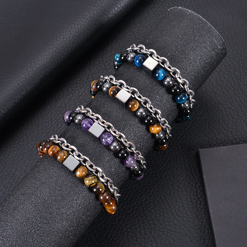 Fortune Jewel Colorful Tiger Eye Frosted Stone Black Magnetite Titanium Steel Double Wrap Protection Bracelet