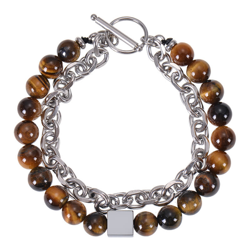 Fortune Jewel Colorful Tiger Eye Frosted Stone Black Magnetite Titanium Steel Double Wrap Protection Bracelet