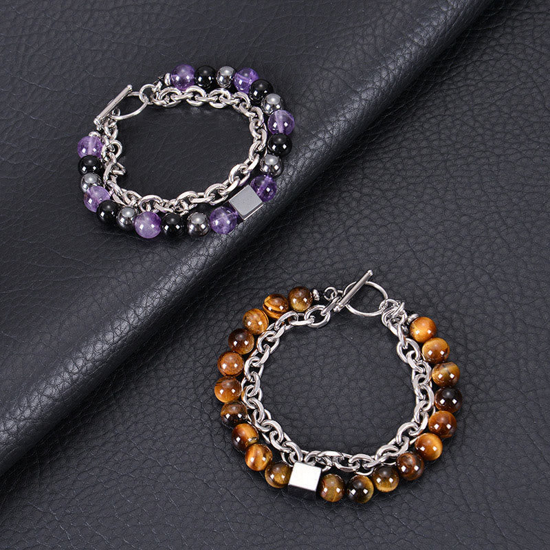 Fortune Jewel Colorful Tiger Eye Frosted Stone Black Magnetite Titanium Steel Double Wrap Protection Bracelet