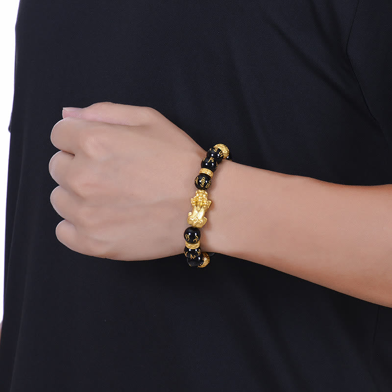 Fortune Jewel Black Obsidian Black Onyx Alloy PiXiu Om Mani Padme Hum Strength Bracelet