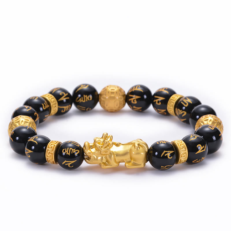 Fortune Jewel Black Obsidian Black Onyx Alloy PiXiu Om Mani Padme Hum Strength Bracelet