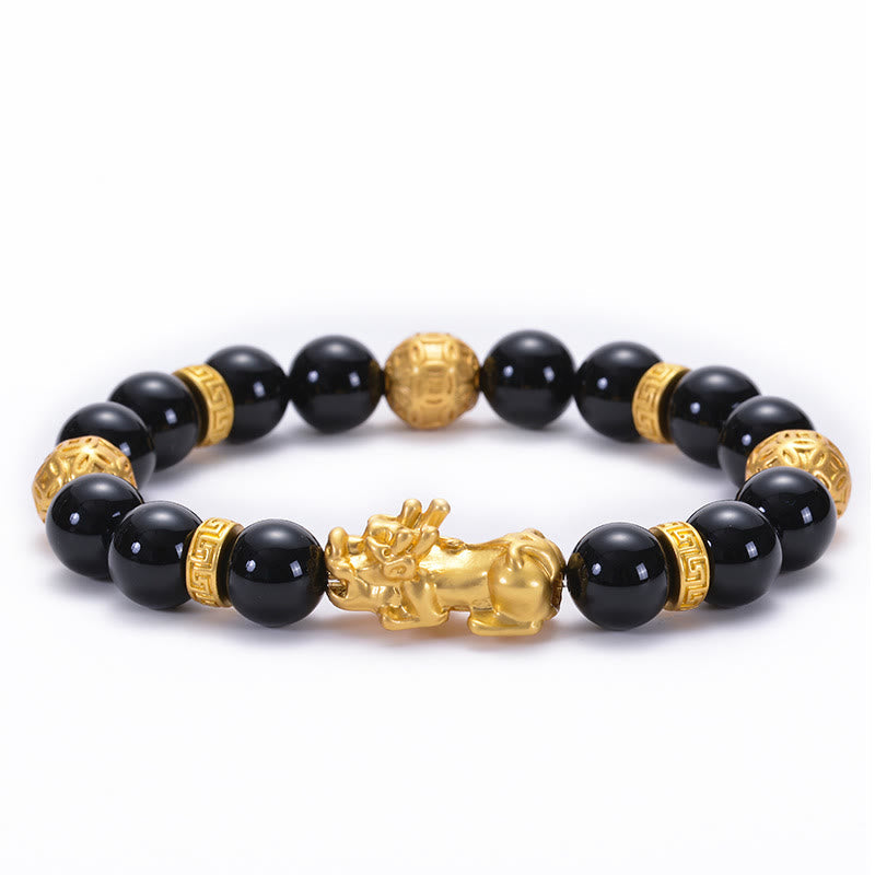 Fortune Jewel Black Obsidian Black Onyx Alloy PiXiu Om Mani Padme Hum Strength Bracelet