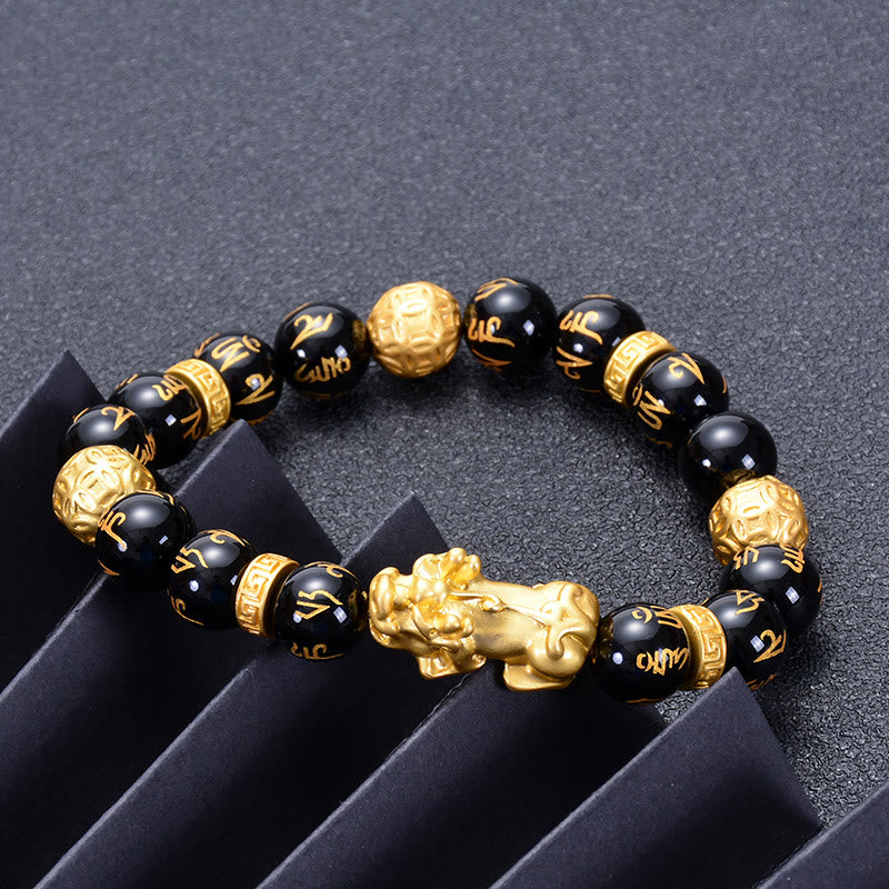 Fortune Jewel Black Obsidian Black Onyx Alloy PiXiu Om Mani Padme Hum Strength Bracelet