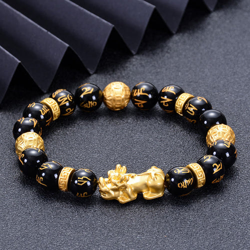 Black Obsidian Black Onyx Alloy Feng Shui Pixiu Strength Bracelet