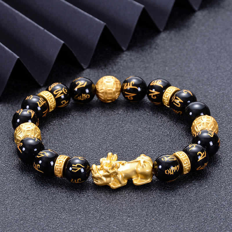 Fortune Jewel Black Obsidian Black Onyx Alloy PiXiu Om Mani Padme Hum Strength Bracelet