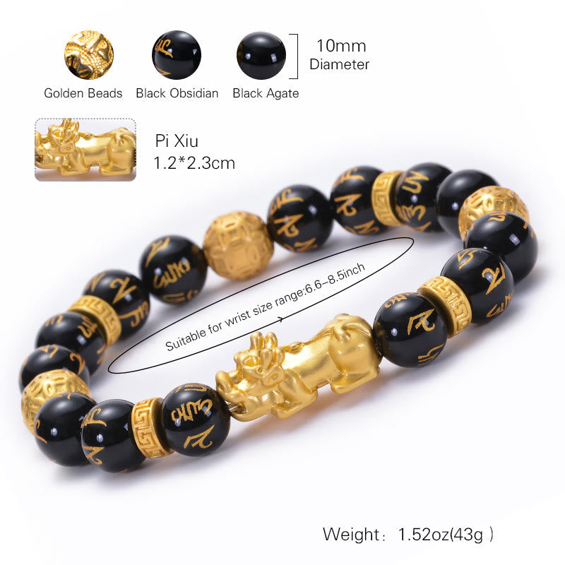 Black Obsidian Black Onyx Alloy Feng Shui Pixiu Strength Bracelet