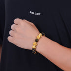 Fortune Jewel Black Obsidian Black Onyx Golden Alloy Two PiXiu Om Mani Padme Hum Strength Bracelet