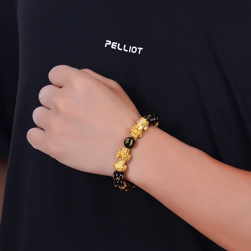 Fortune Jewel Black Obsidian Black Onyx Golden Alloy Two PiXiu Om Mani Padme Hum Strength Bracelet