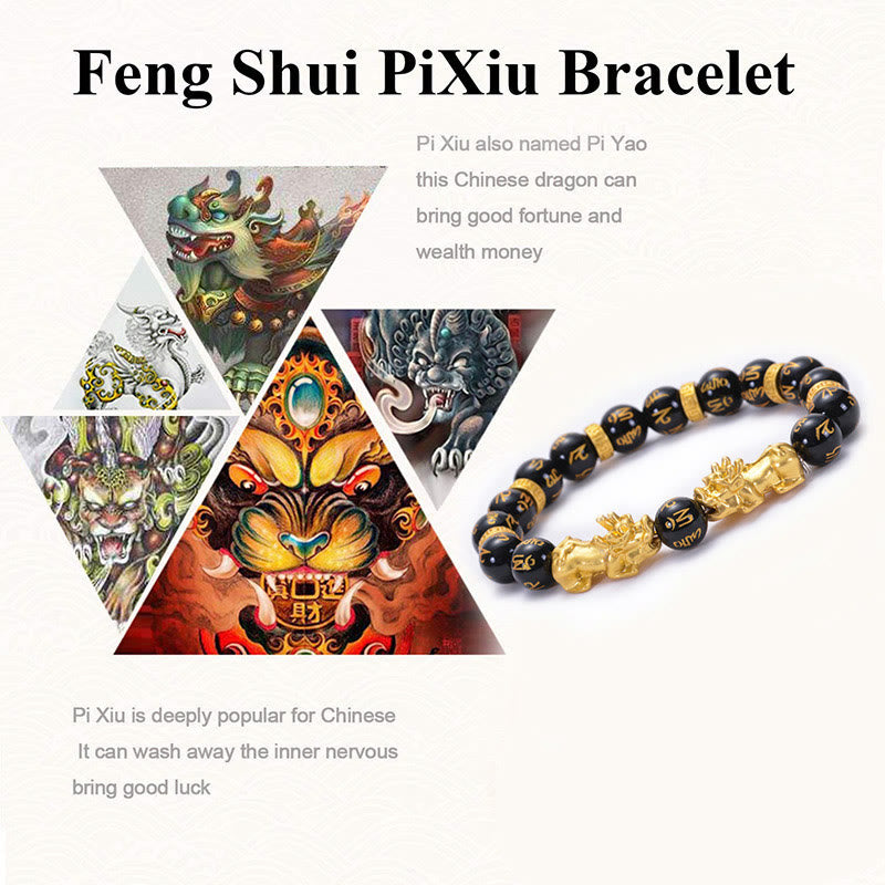 Fortune Jewel Black Obsidian Black Onyx Golden Alloy Two PiXiu Om Mani Padme Hum Strength Bracelet