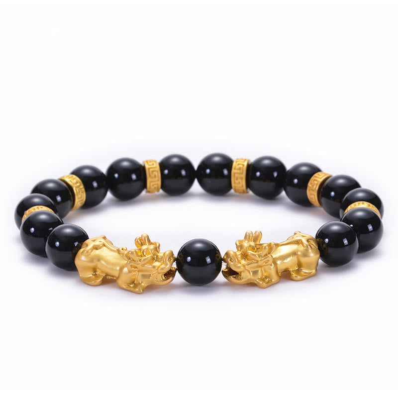 Fortune Jewel Black Obsidian Black Onyx Golden Alloy Two PiXiu Om Mani Padme Hum Strength Bracelet