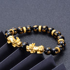 Fortune Jewel Black Obsidian Black Onyx Golden Alloy Two PiXiu Om Mani Padme Hum Strength Bracelet