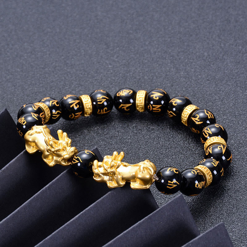 Fortune Jewel Black Obsidian Black Onyx Golden Alloy Two PiXiu Om Mani Padme Hum Strength Bracelet
