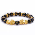 Black Obsidian Feng Shui Pixiu Bracelet Black Onyx Golden Alloy Two PiXiu Wealth Bracelet