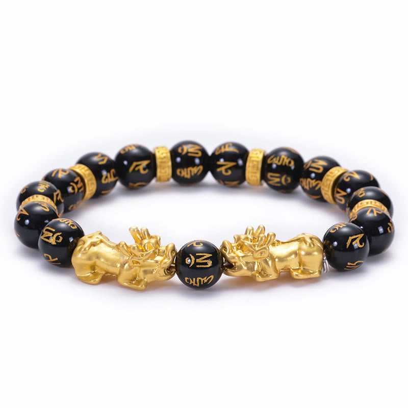 Fortune Jewel Black Obsidian Black Onyx Golden Alloy Two PiXiu Om Mani Padme Hum Strength Bracelet