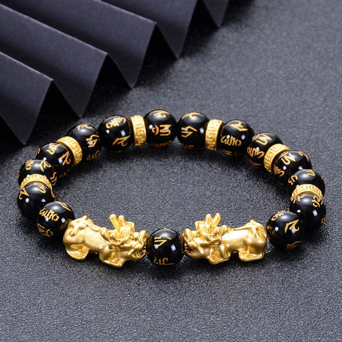 Black Obsidian Feng Shui Pixiu Bracelet Black Onyx Golden Alloy Two PiXiu Wealth Bracelet