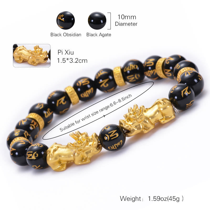 Fortune Jewel Black Obsidian Black Onyx Golden Alloy Two PiXiu Om Mani Padme Hum Strength Bracelet