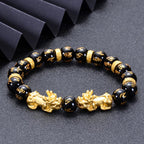 Fortune Jewel Black Obsidian Black Onyx Golden Alloy Two PiXiu Om Mani Padme Hum Strength Bracelet
