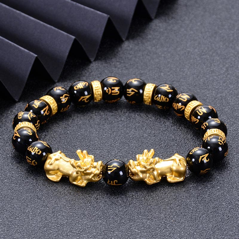 Fortune Jewel Black Obsidian Black Onyx Golden Alloy Two PiXiu Om Mani Padme Hum Strength Bracelet