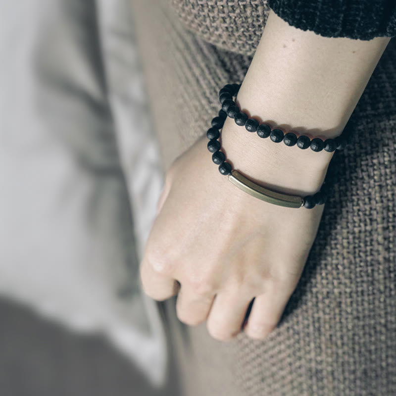 Fortune Jewel Frosted Cut Surface Black Onyx Copper Brass Double Wrap Protection Bracelet