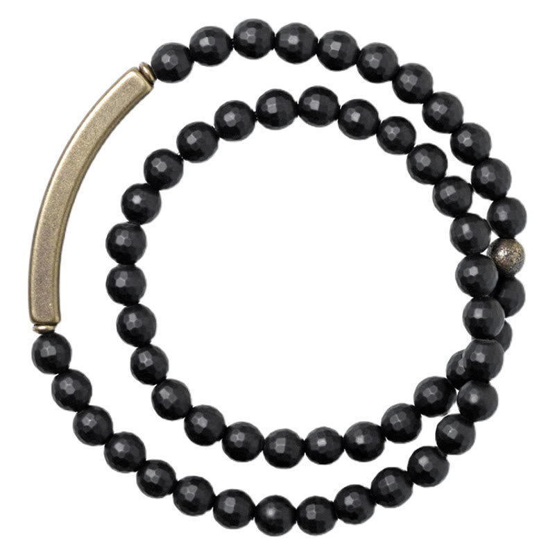 Fortune Jewel Frosted Cut Surface Black Onyx Copper Brass Double Wrap Protection Bracelet