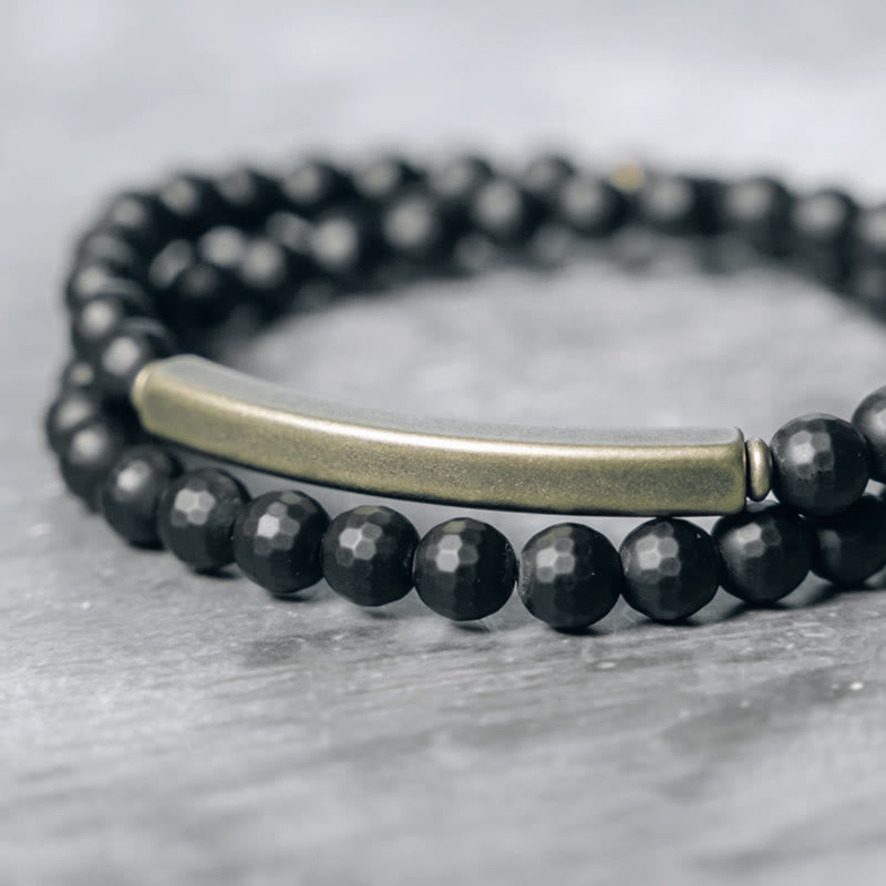 Fortune Jewel Frosted Cut Surface Black Onyx Copper Brass Double Wrap Protection Bracelet