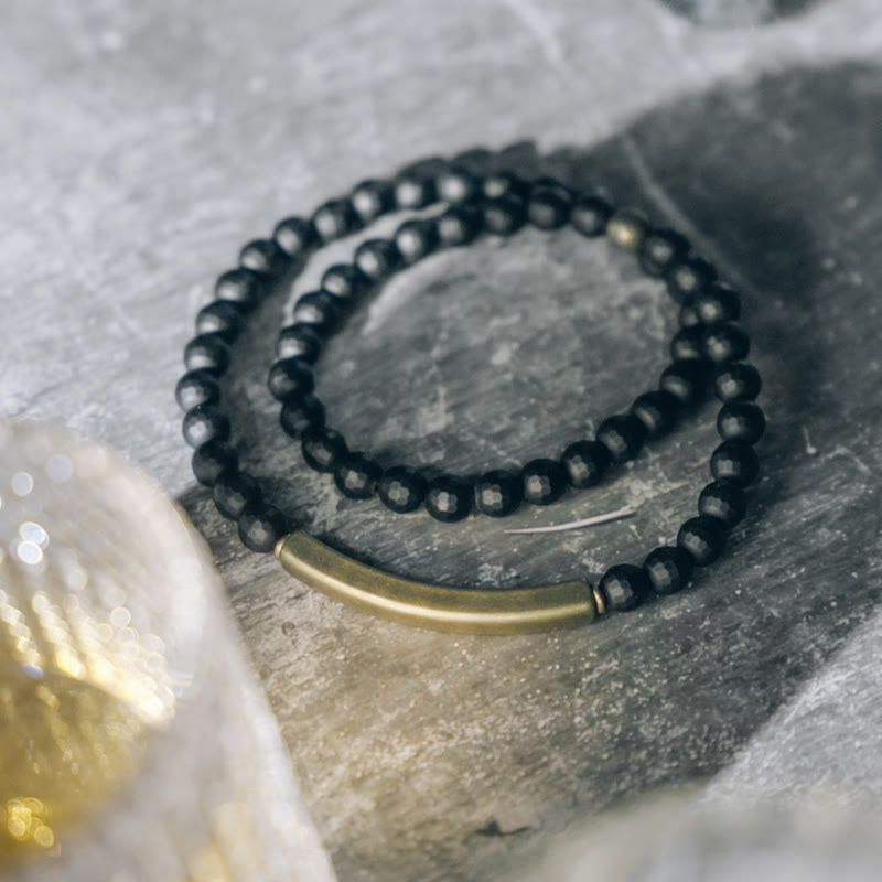 Fortune Jewel Frosted Cut Surface Black Onyx Copper Brass Double Wrap Protection Bracelet
