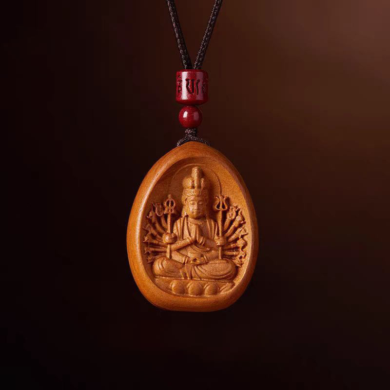 Fortune Jewel Peach Wood Cinnabar Om Mani Padme Hum Chinese Zodiac Black String Necklace Pendants