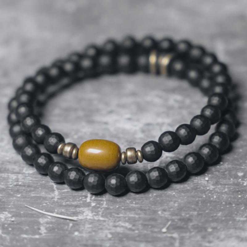 Fortune Jewel Frosted Cut Surface Black Onyx Topaz Beads Double Wrap Protection Bracelet