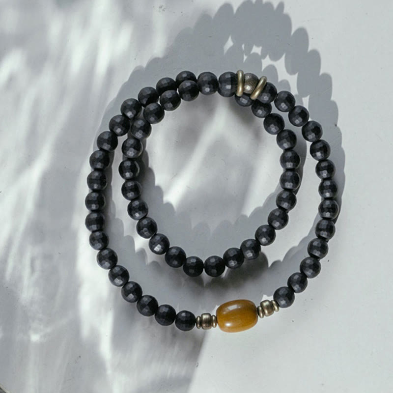 Fortune Jewel Frosted Cut Surface Black Onyx Topaz Beads Double Wrap Protection Bracelet
