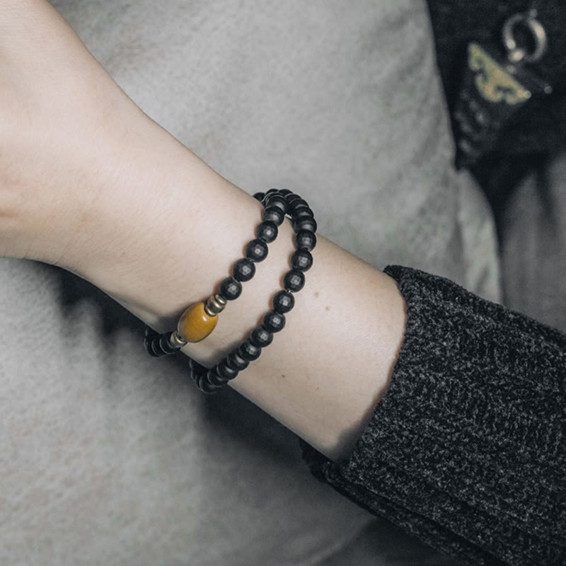 Fortune Jewel Frosted Cut Surface Black Onyx Topaz Beads Double Wrap Protection Bracelet