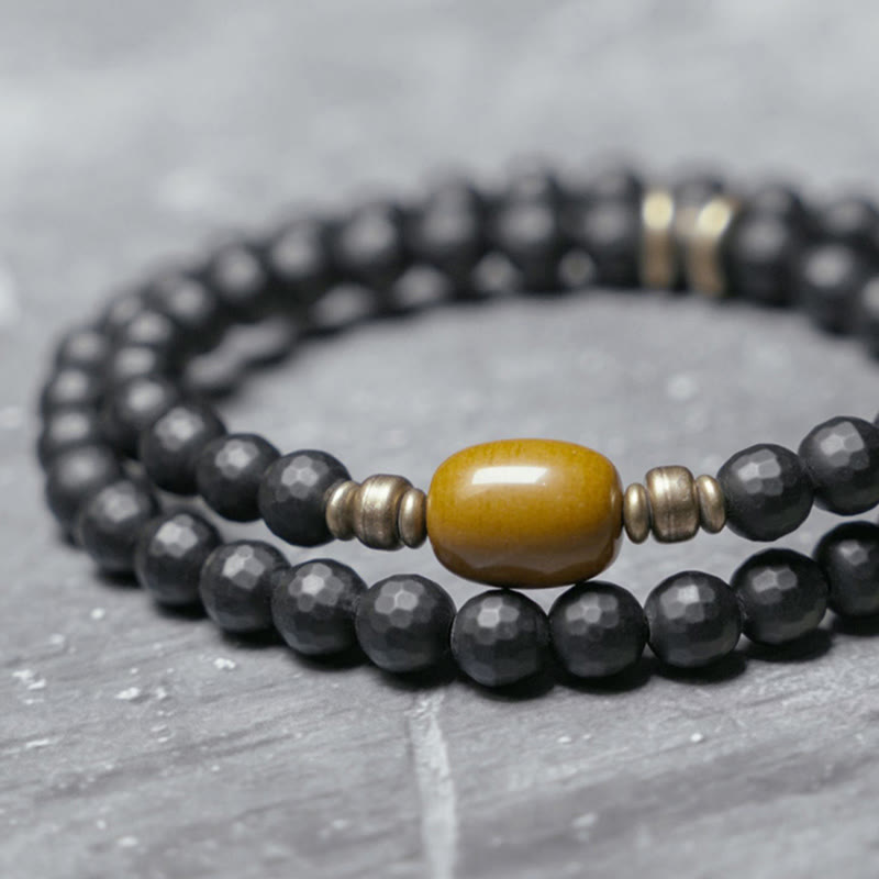 Fortune Jewel Frosted Cut Surface Black Onyx Topaz Beads Double Wrap Protection Bracelet