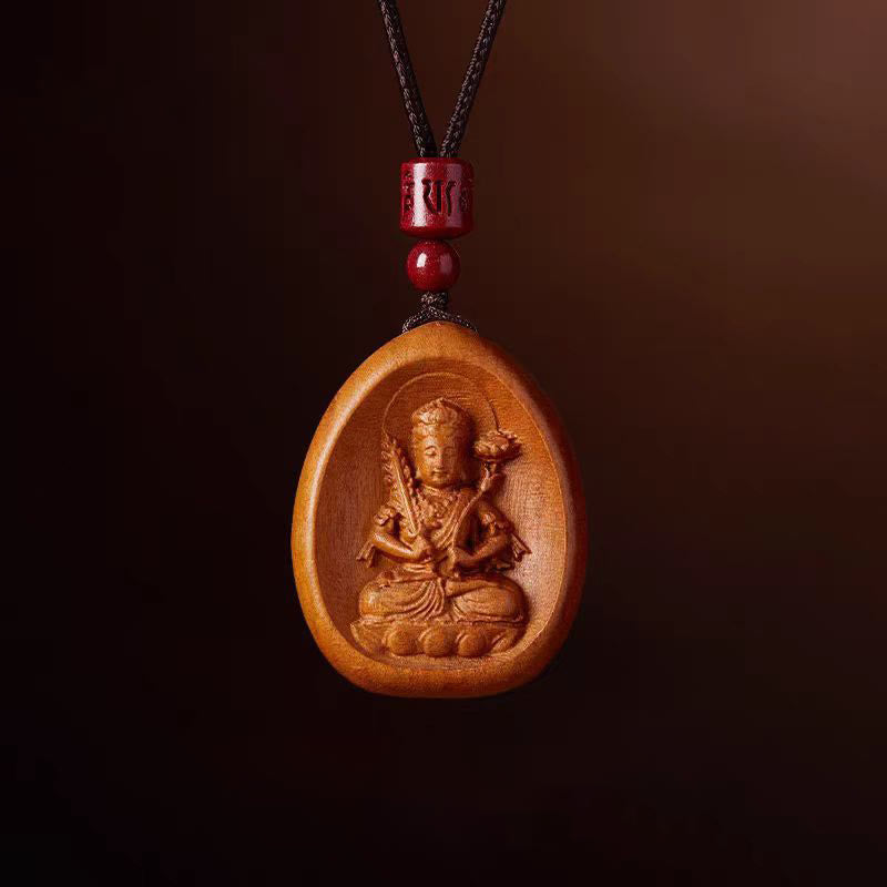 Fortune Jewel Peach Wood Cinnabar Om Mani Padme Hum Chinese Zodiac Black String Necklace Pendants