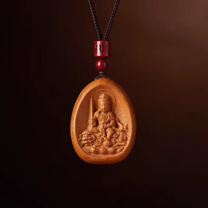 Fortune Jewel Peach Wood Cinnabar Om Mani Padme Hum Chinese Zodiac Black String Necklace Pendants