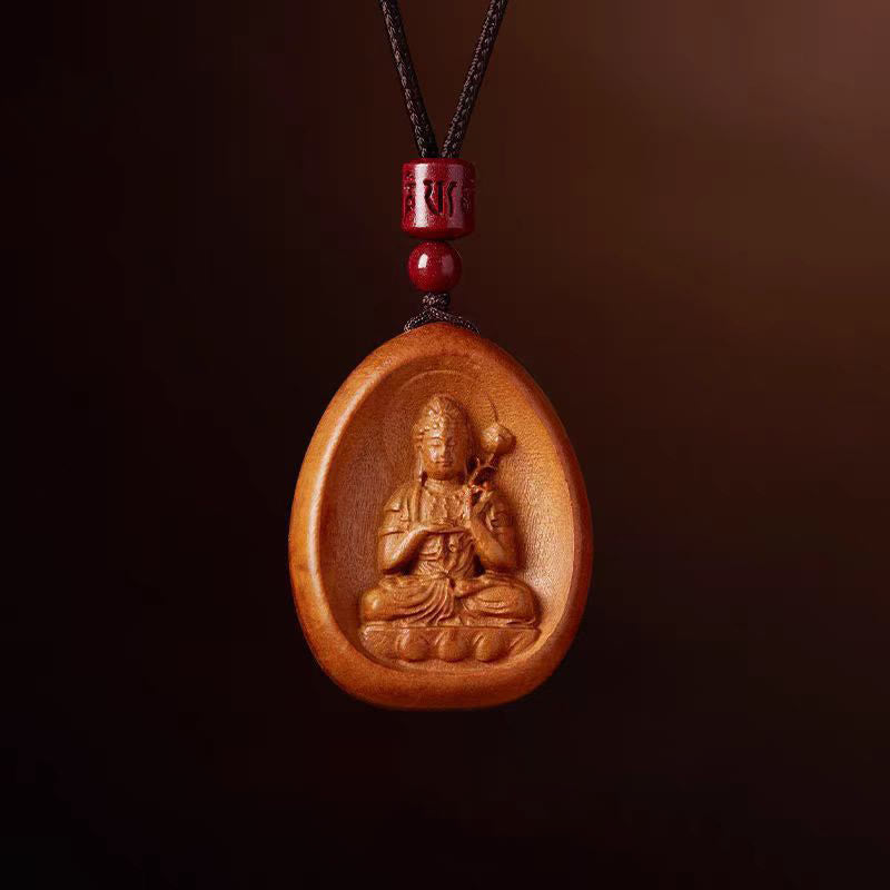 Fortune Jewel Peach Wood Cinnabar Om Mani Padme Hum Chinese Zodiac Black String Necklace Pendants