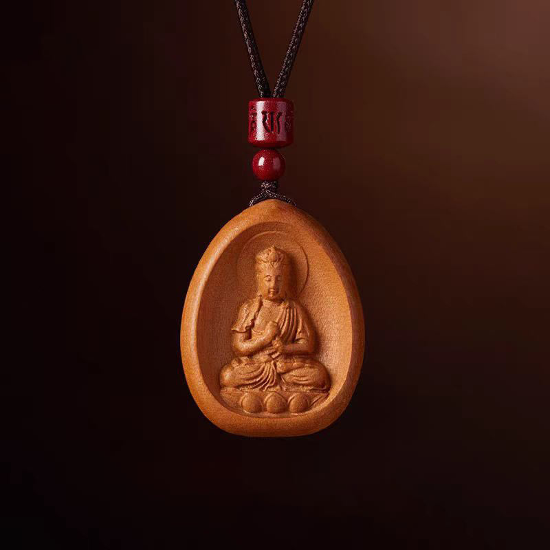 Fortune Jewel Peach Wood Cinnabar Om Mani Padme Hum Chinese Zodiac Black String Necklace Pendants