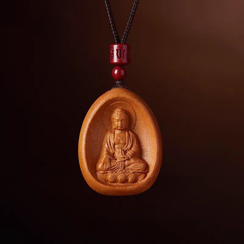 Fortune Jewel Peach Wood Cinnabar Om Mani Padme Hum Chinese Zodiac Black String Necklace Pendants