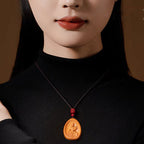 Fortune Jewel Peach Wood Cinnabar Om Mani Padme Hum Chinese Zodiac Black String Necklace Pendants