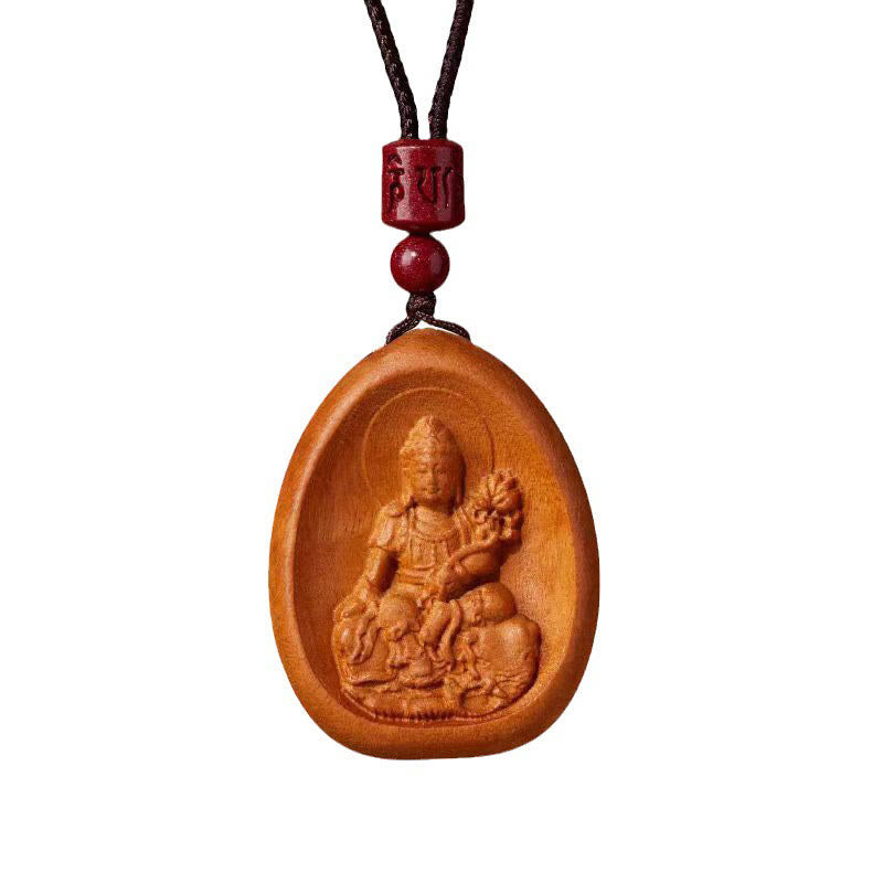 Fortune Jewel Peach Wood Cinnabar Om Mani Padme Hum Chinese Zodiac Black String Necklace Pendants