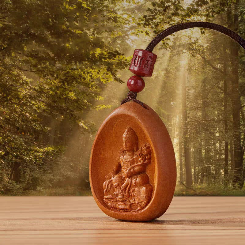 Fortune Jewel Peach Wood Cinnabar Om Mani Padme Hum Chinese Zodiac Black String Necklace Pendants