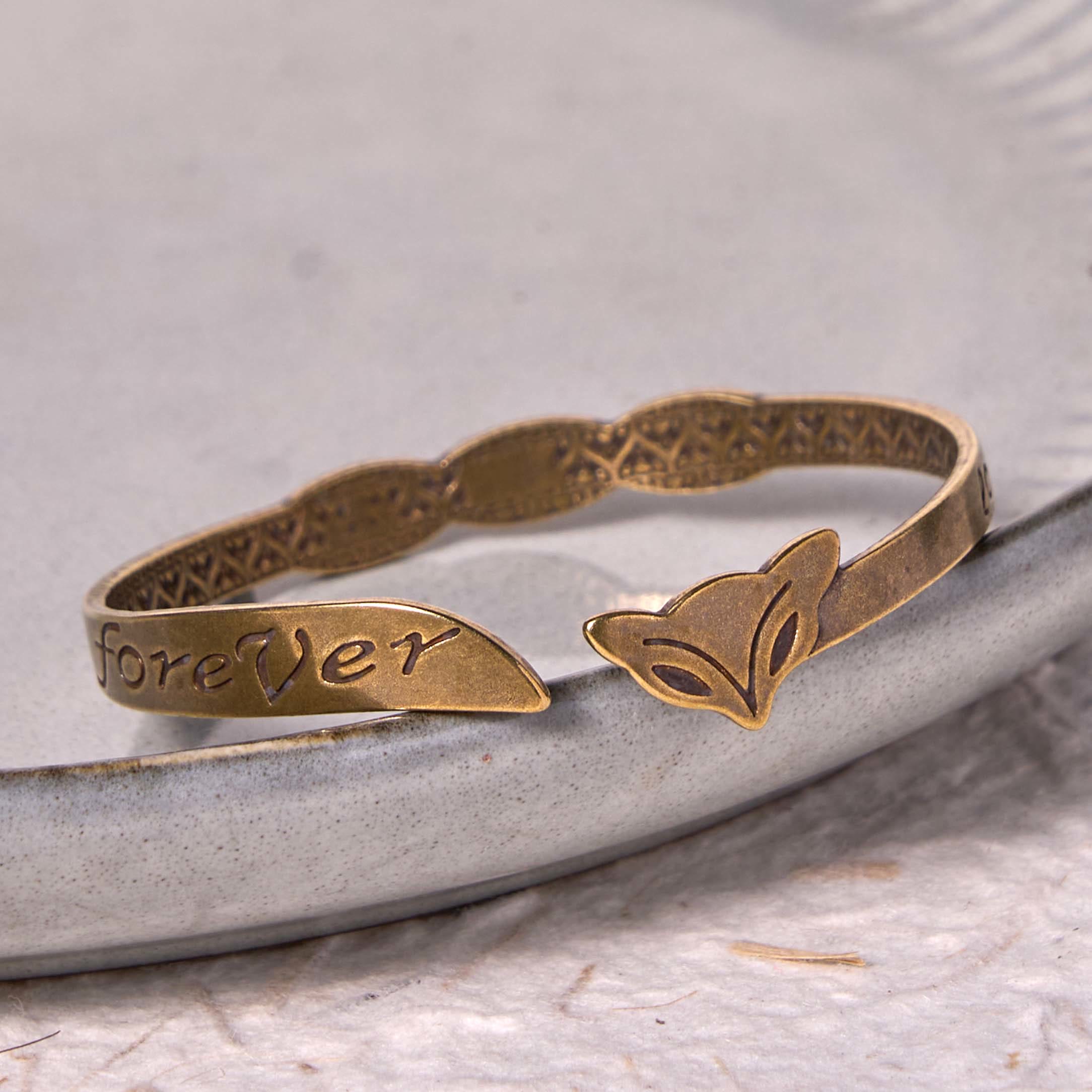 Fortune Jewel Fox Head Copper Brass 'Love You Forever' Luck Self Care Bracelet Bangle