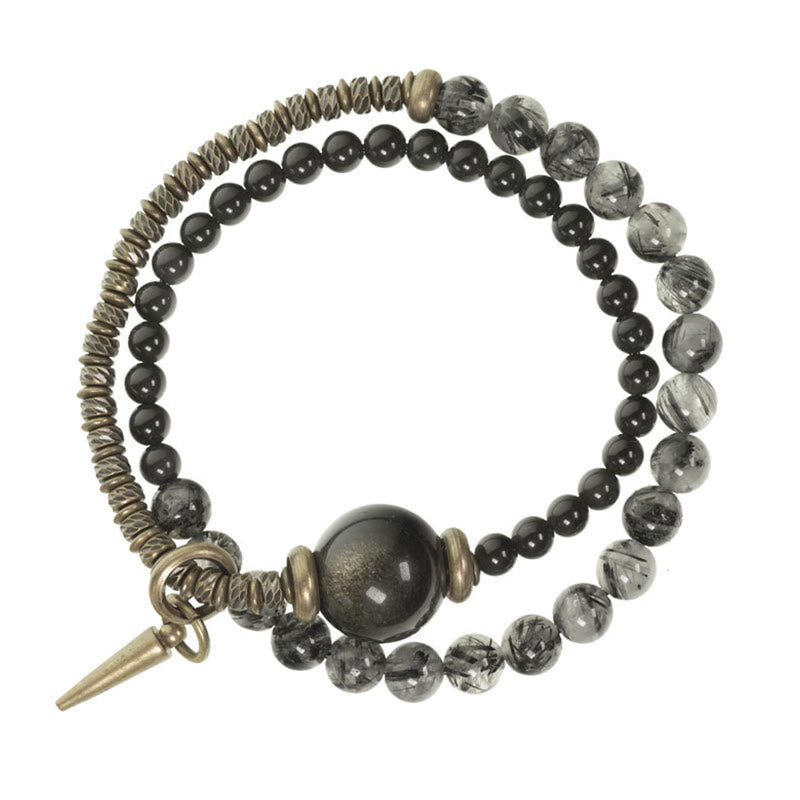 Fortune Jewel Gold Sheen Obsidian Black Rutilated Quartz Copper Brass Double Wrap Protection Bracelet