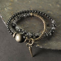 Fortune Jewel Gold Sheen Obsidian Black Rutilated Quartz Copper Brass Double Wrap Protection Bracelet
